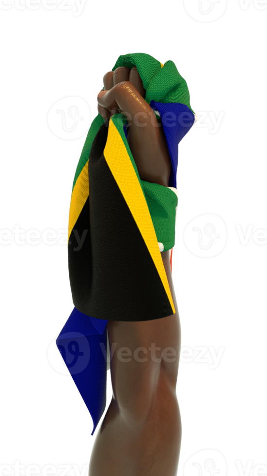 Hand fist holding South African flag. Hand lifted and grabbing flag isolated on transparent background. 3d rending of Flag wrapped around fist png