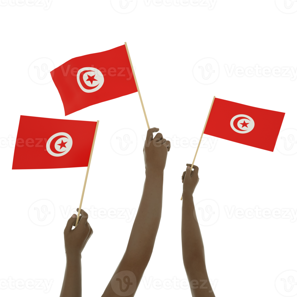 Black hand holding Tunisian flag, Hand lifting flag, Hand raising flag, 3d rendering of set of hands holding flag isolated on transparent background png
