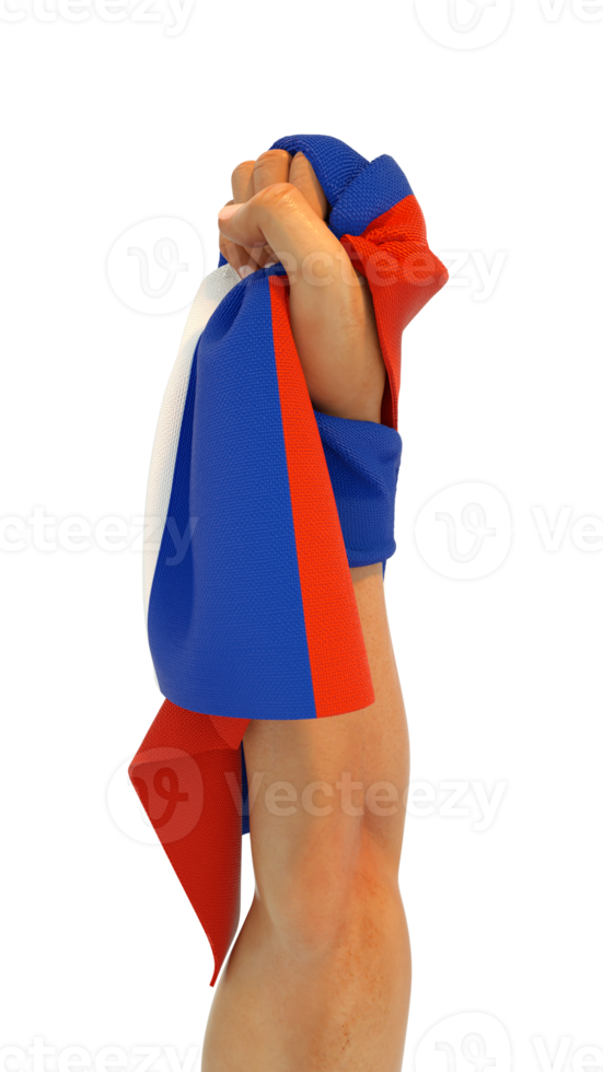 hand- vuist Holding Russisch vlag. hand- opgeheven en grijpen vlag geïsoleerd Aan transparant achtergrond. 3d vertolking van vlag verpakt in de omgeving van vuist png