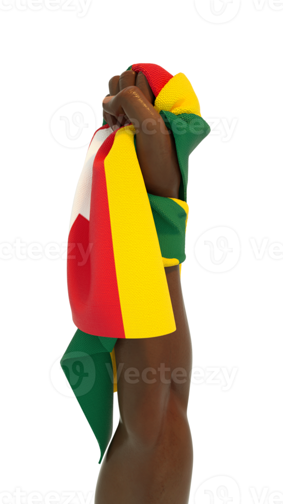 Hand fist holding Togolese flag. Hand lifted and grabbing flag isolated on transparent background. 3d rendering of Flag wrapped around fist png