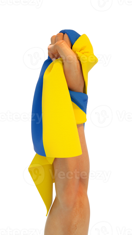 Hand fist holding Ukrainian flag. Hand lifted and grabbing flag isolated on white background. 3d rending of Flag wrapped around fist png