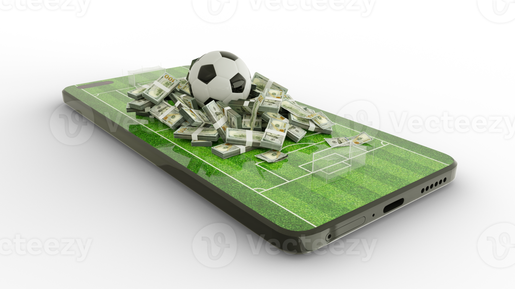 3d rendering of soccer field on mobile phone screen. US dollar notes with Football on phone screen. Soccer pitch on smartphone screen isolated on transparent background. bet and win concept png