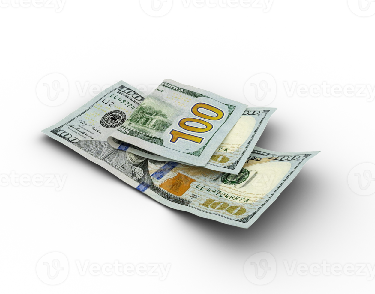 3D rendering of Double 100 US dollar notes with shadows on transparent background png