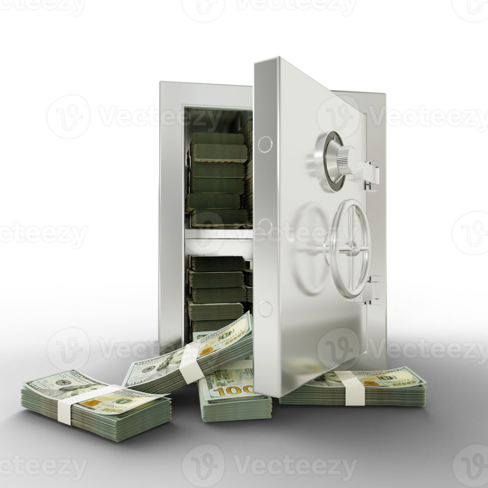 Bundles of US dollars in Steel safe box. 3D rendering of stacks of money inside metallic vault isolated on transparent background, Financial protection concept, financial safety. png