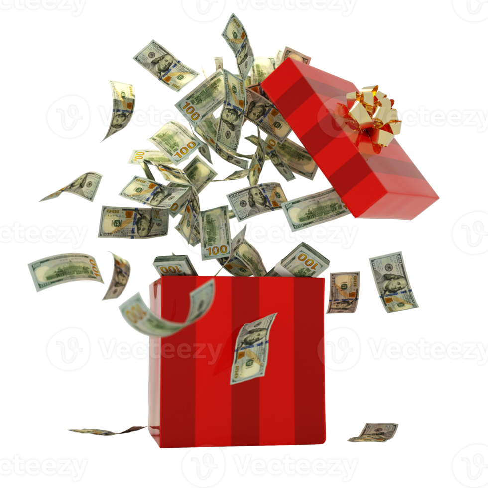 3D rendering of A lot of USA dollar notes coming out of an opened red gift box png