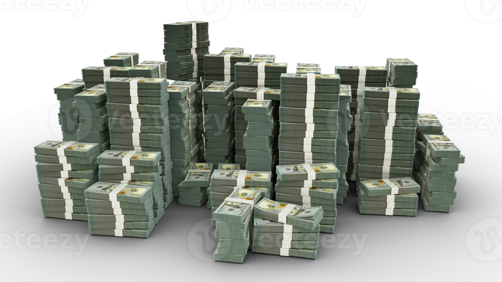 Big stack of 100 US Dollar notes. A lot of money isolated on transparent background. 3d rendering of bundles of cash png