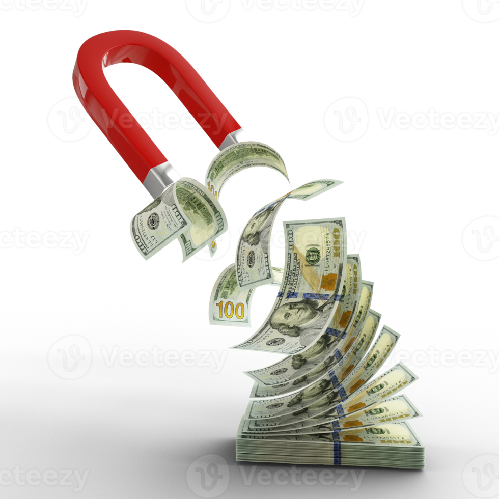 3D rendering of Horseshoe magnet attracting US dollar notes isolated on transparent background. Attracting money concept. Strategy for a successful business png