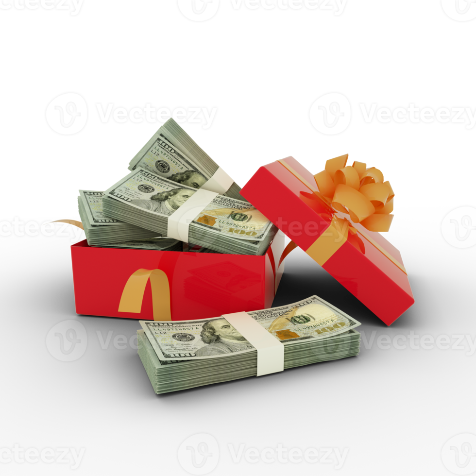 Stack of 100 US Dollar notes inside an open red gift box. Bundles of US Dollars inside a gift box. 3d rendering of money inside box png