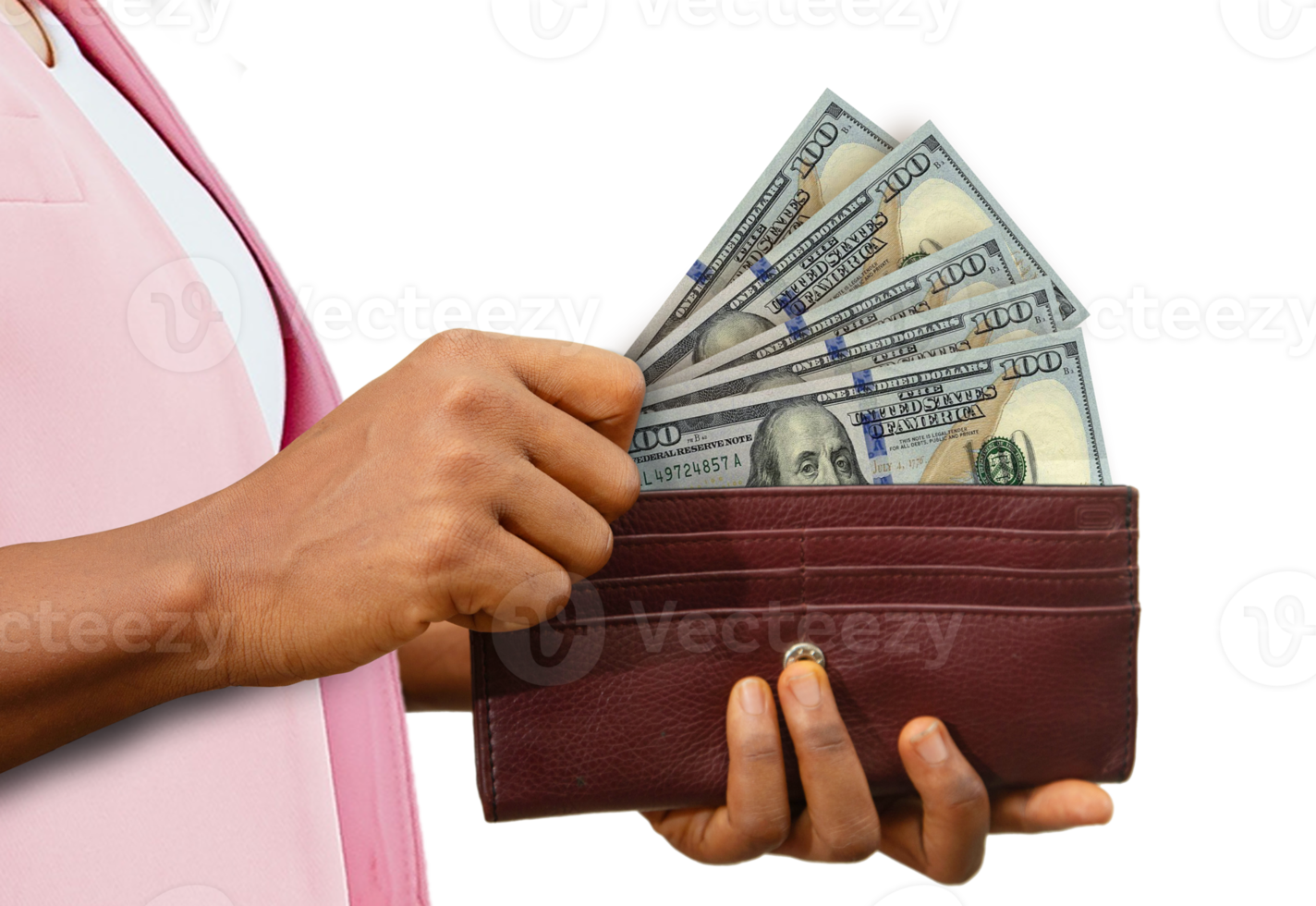 fair Female Hand Holding brown Purse With 100 US Dollar notes, hand removing money out of purse isolated on transparent background png