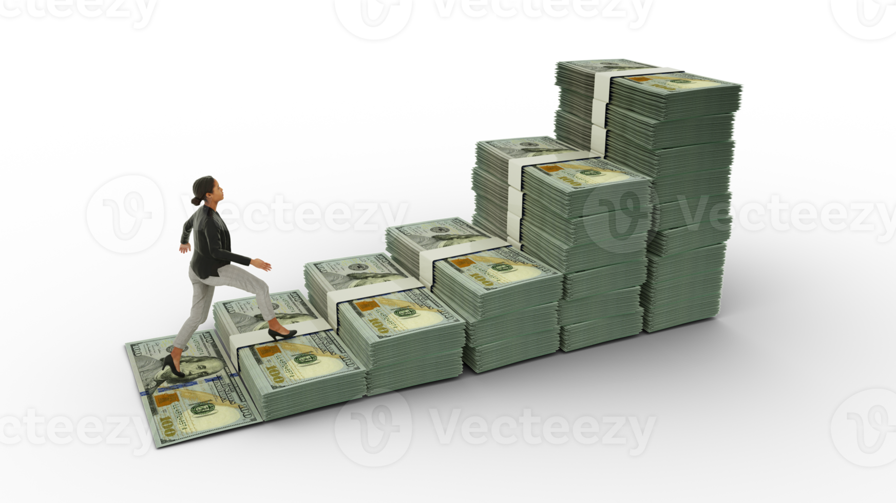 mujer de negocios subiendo escaleras hechas de pilas de billetes de dólares estadounidenses aislados en un fondo transparente. Representación 3d de dinero dispuesto en forma de un icono de gráfico de crecimiento financiero png