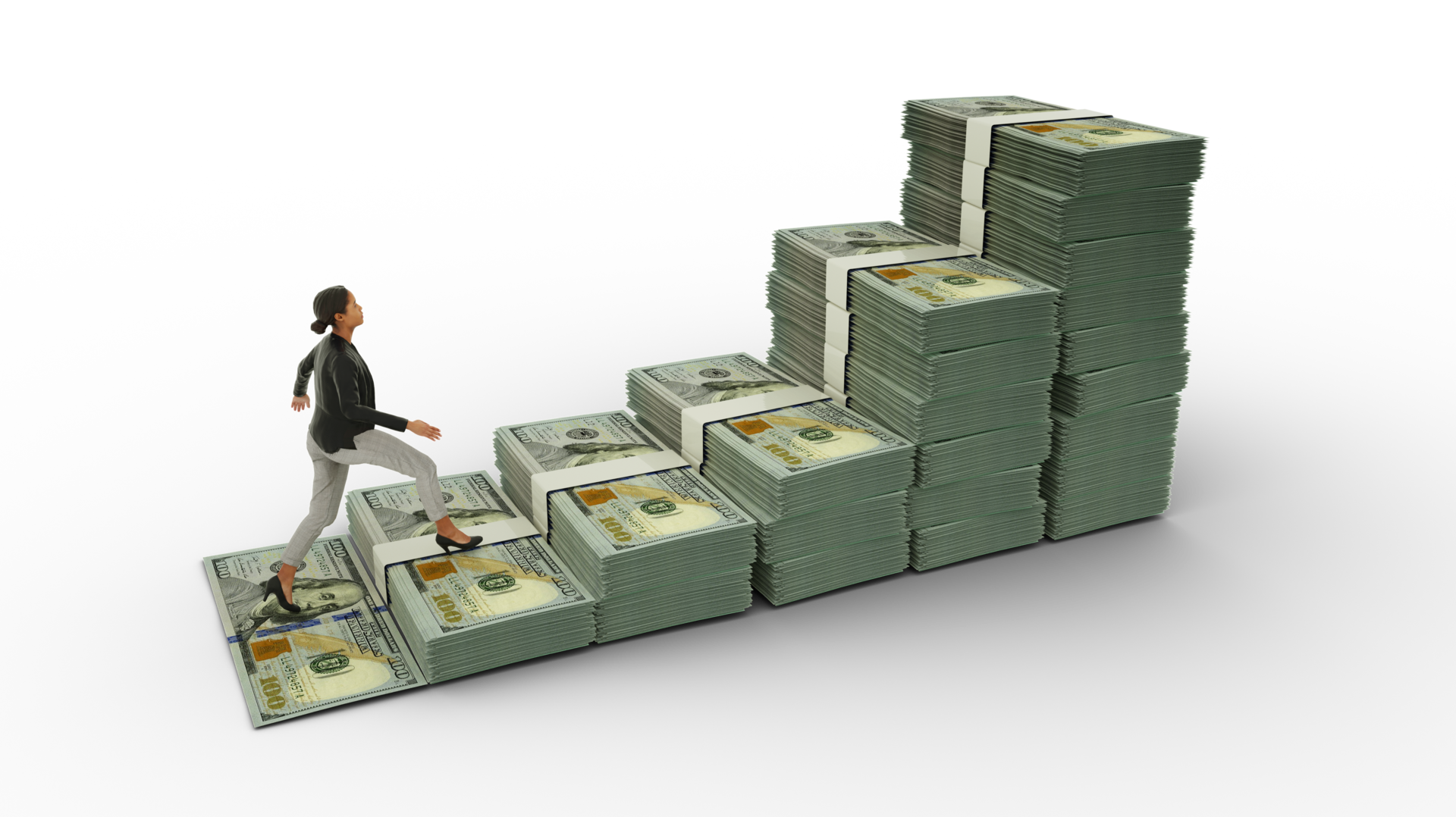 Free Business woman climbing stairs made of stacks of US dollar notes  isolated on transparent background. 3D rendering of money arranged in the  shape of a financial growth graph icon 11570896 PNG