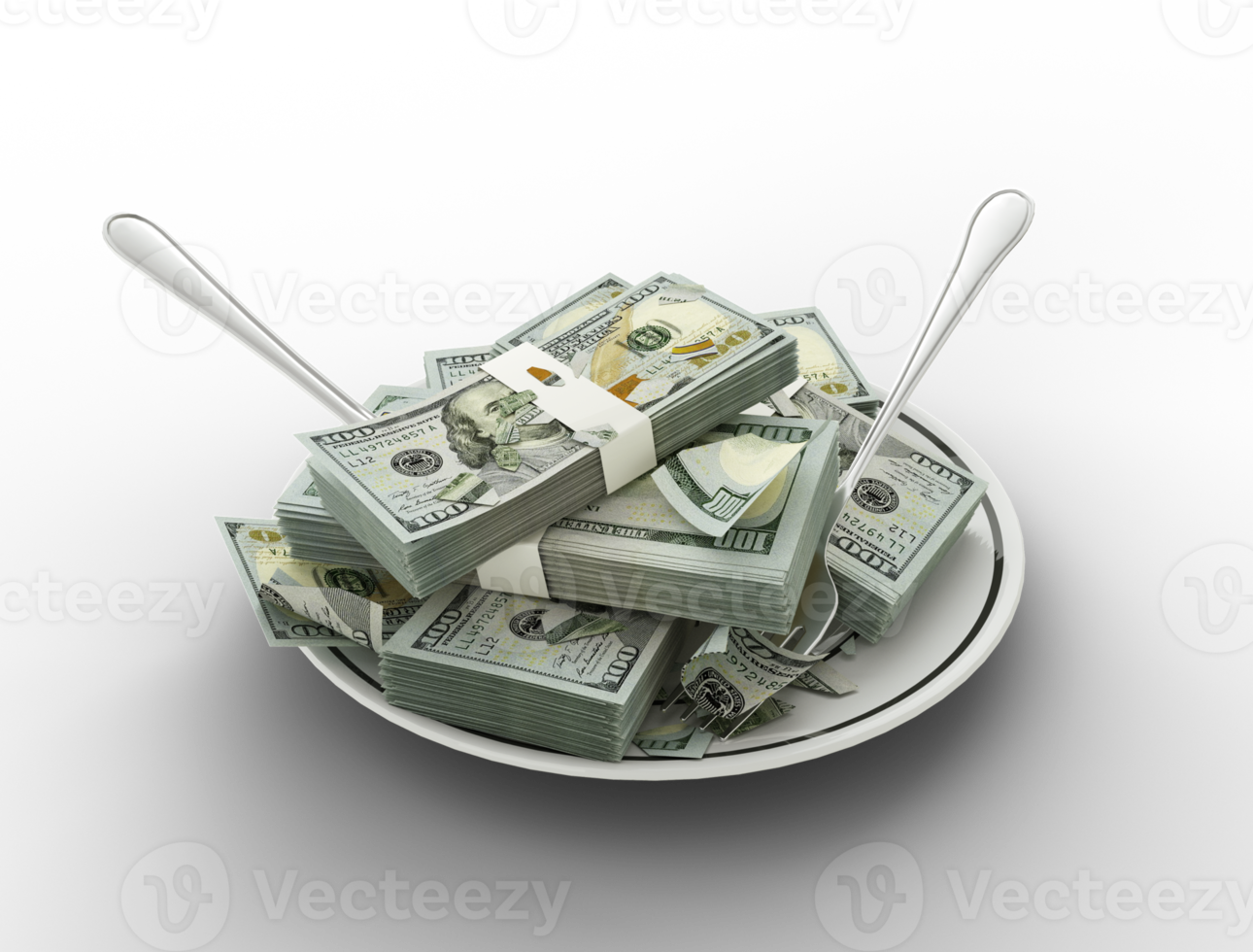 Representación 3D de billetes de dólar estadounidense en placa. dinero gastado en concepto de comida. gastos de comida, comida cara, concepto de gasto de dinero. comer dinero, mal uso del dinero png