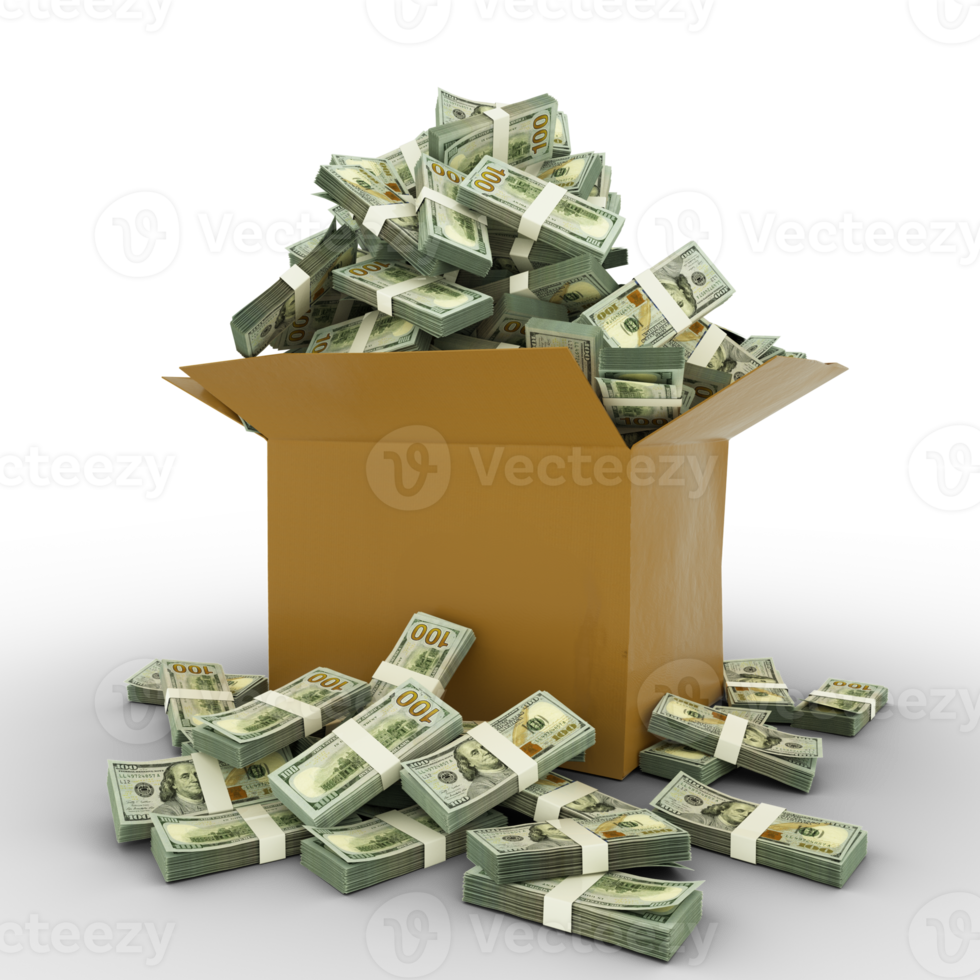 3d rendering of cardboard box full of 100 US Dollar notes isolated  on a transparent background background png