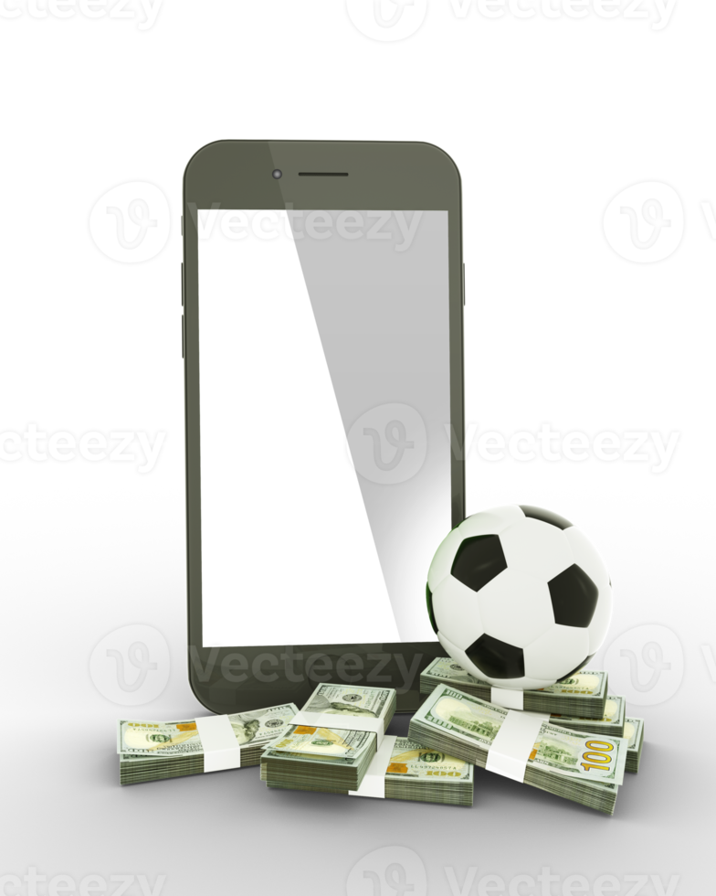 3D rendering of a mobile phone with soccer ball and stacks of US dollar notes isolated on transparent background. png
