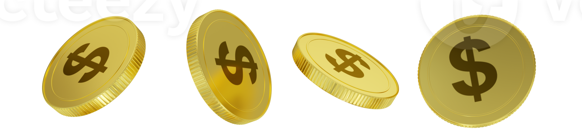 3D rendering of US dollar coin concept in different angles. dollar sign design isolated on transparent background png