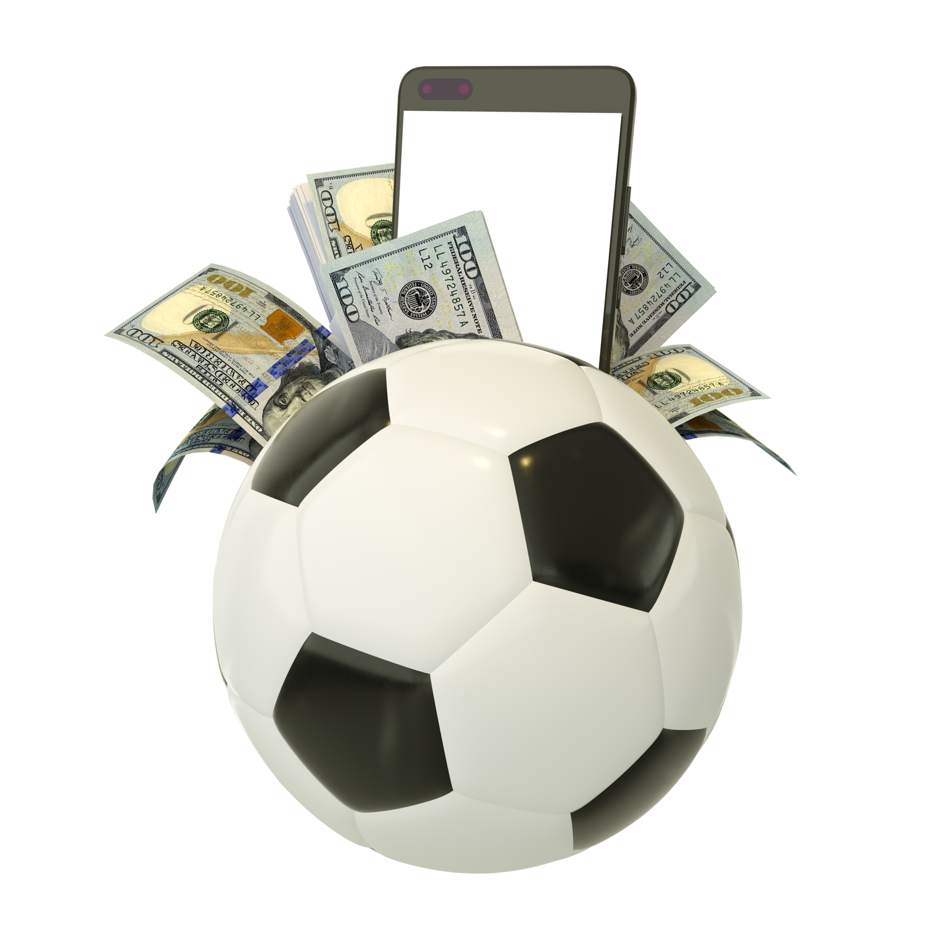 3d rendering of US dollar notes behind soccer ball. Sports betting, soccer betting concept ...