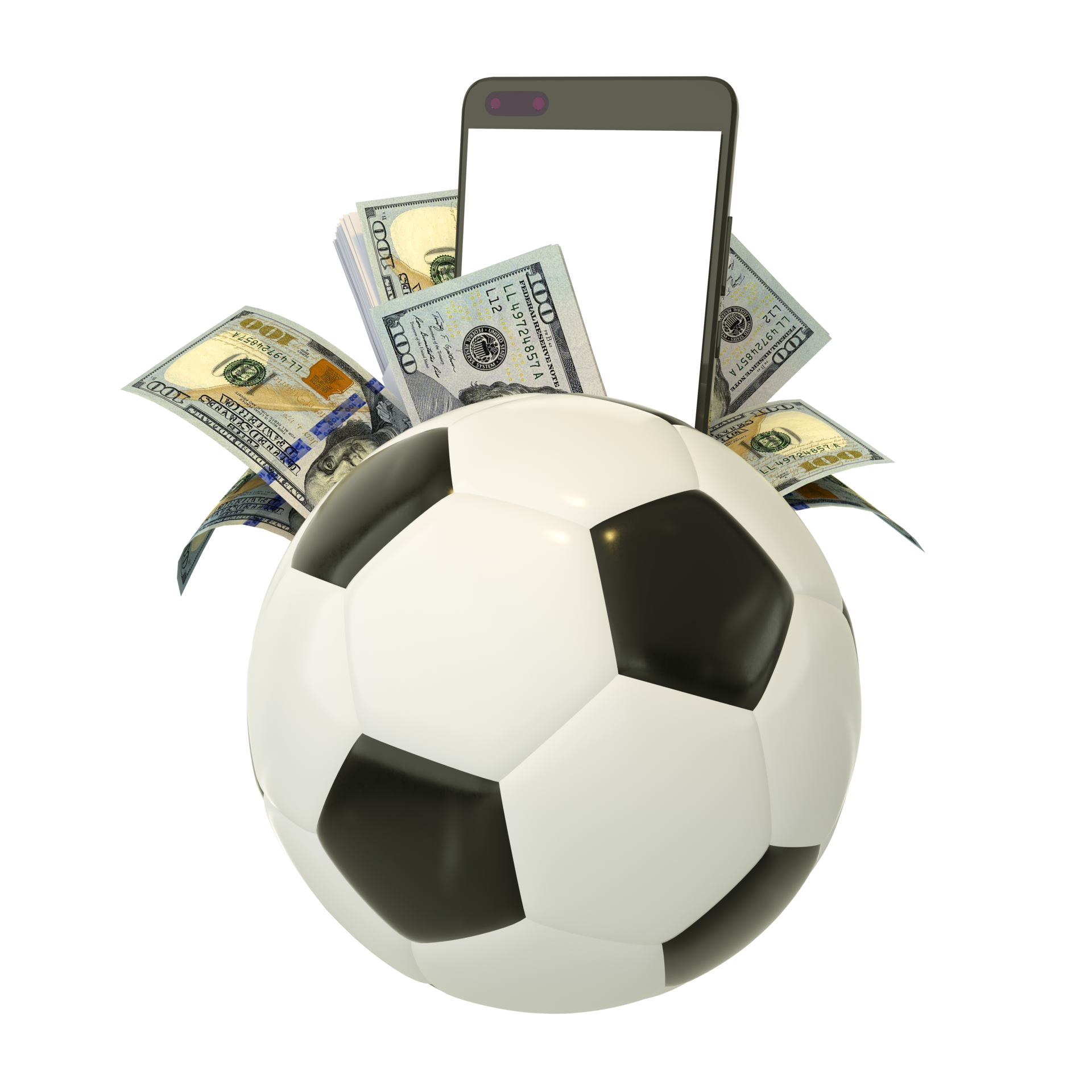 Smartphone com aplicativo de jogo online, notas de dólar e bola de futebol  em um teclado. conceito de apostas. vista do topo.