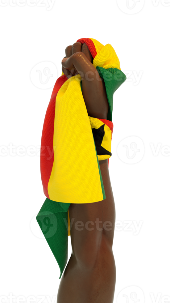 Fisted hand holding Ghanaian flag. Hand lifted and grabbing flag isolated on transparent background. 3d rendering of Flag wrapped around fist png