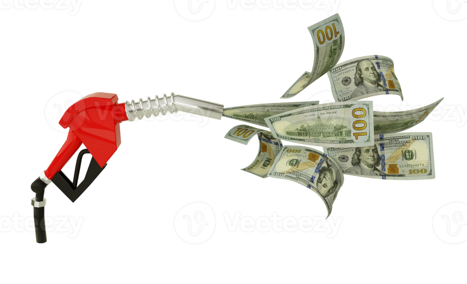 3d rendering of 100 US Dollar notes coming out from fuel pump. red fuel nozzle with US Dollar flying around png