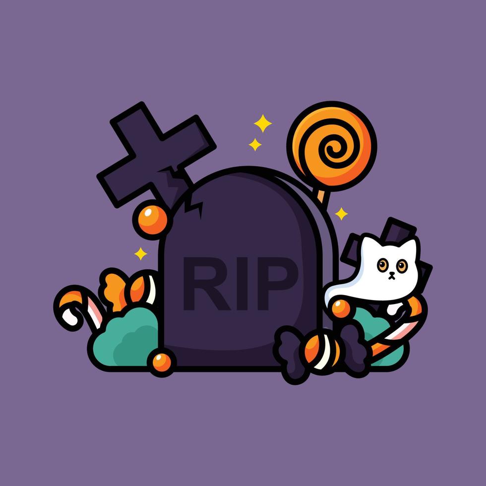 halloween graveyard filled with candy and cat ghost vector