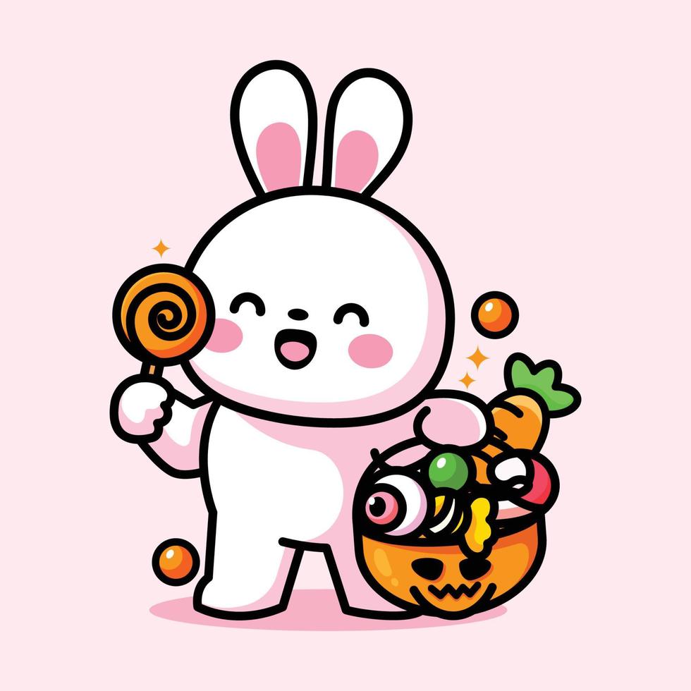 cute bunny holding candy and celebrating halloween vector