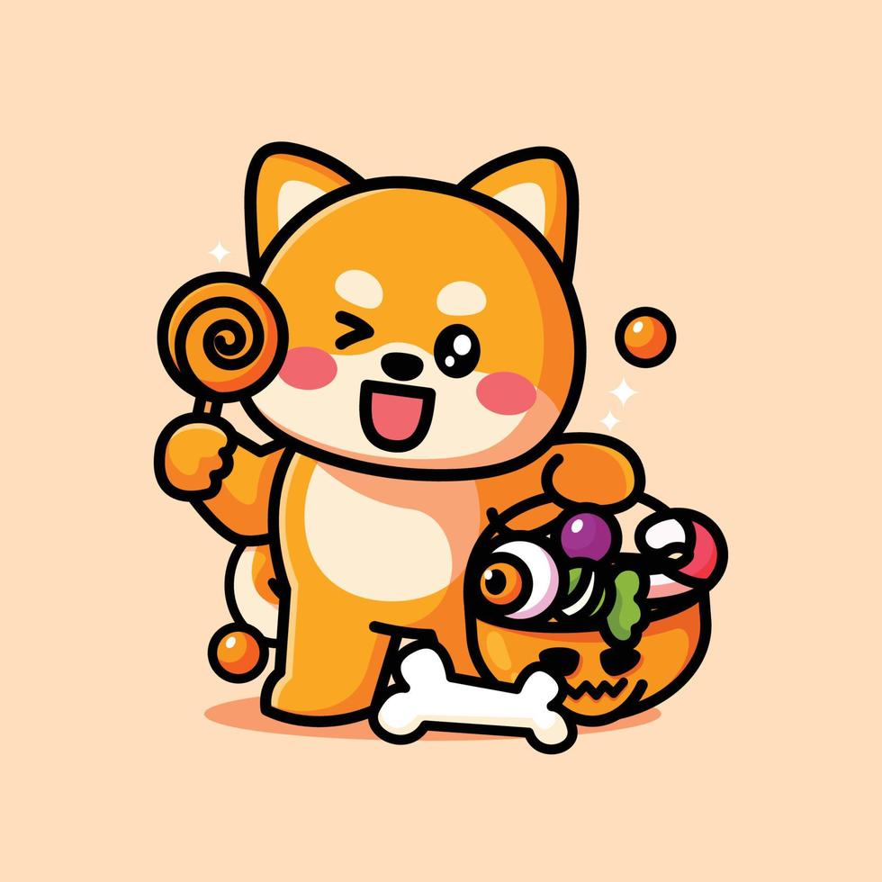 cute shiba holding candy and celebrating halloween vector