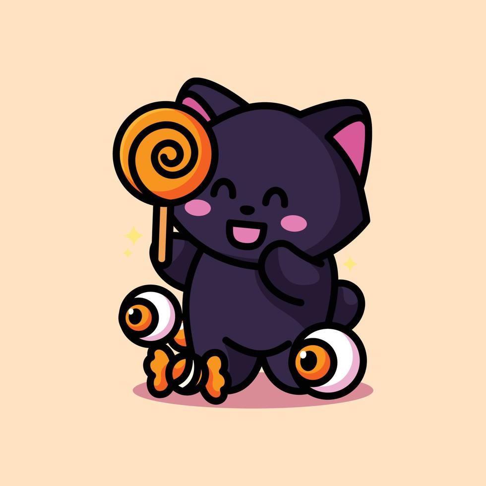 cute cat holding candy and celebrating halloween vector