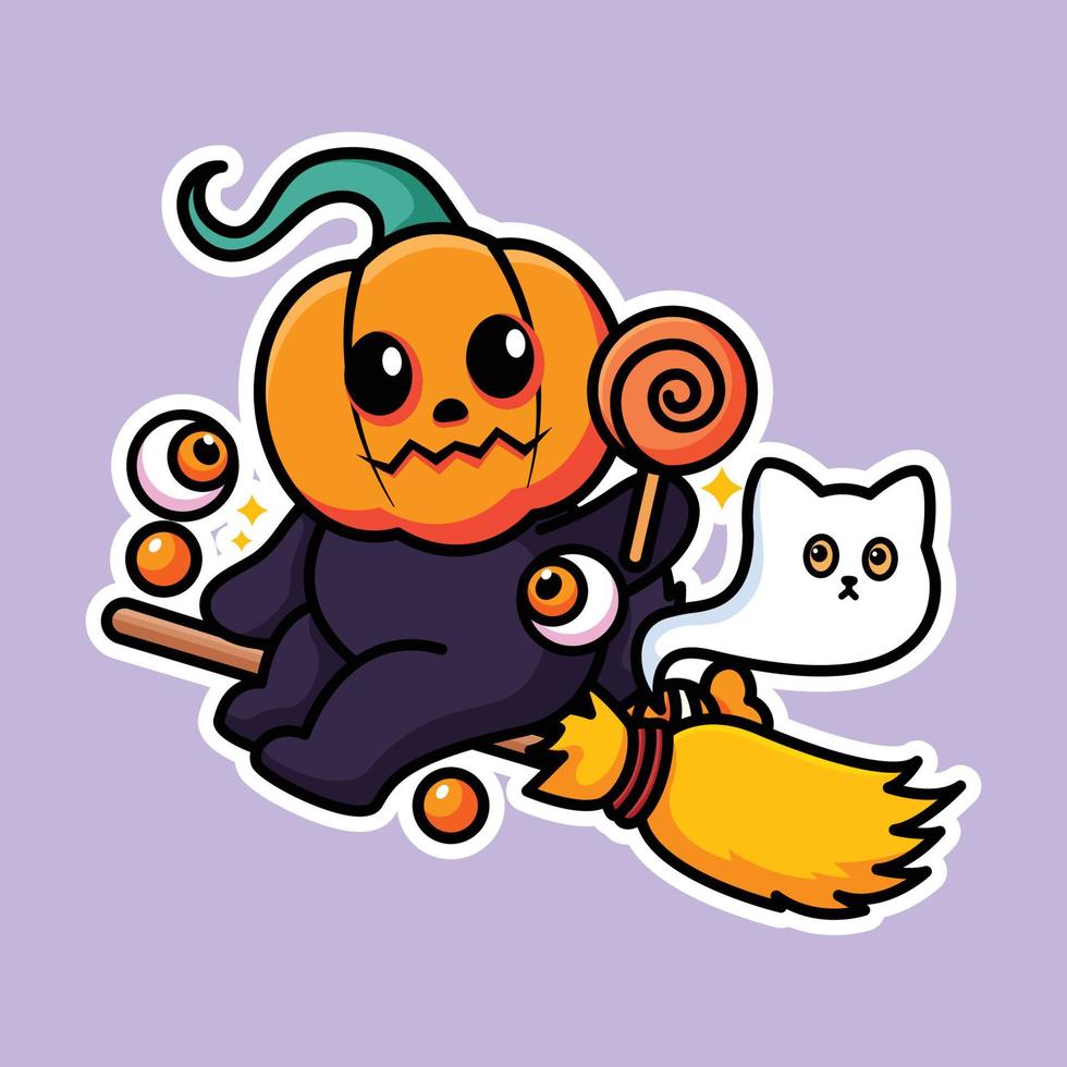 cute pumpkin head holding candy and celebrating halloween vector