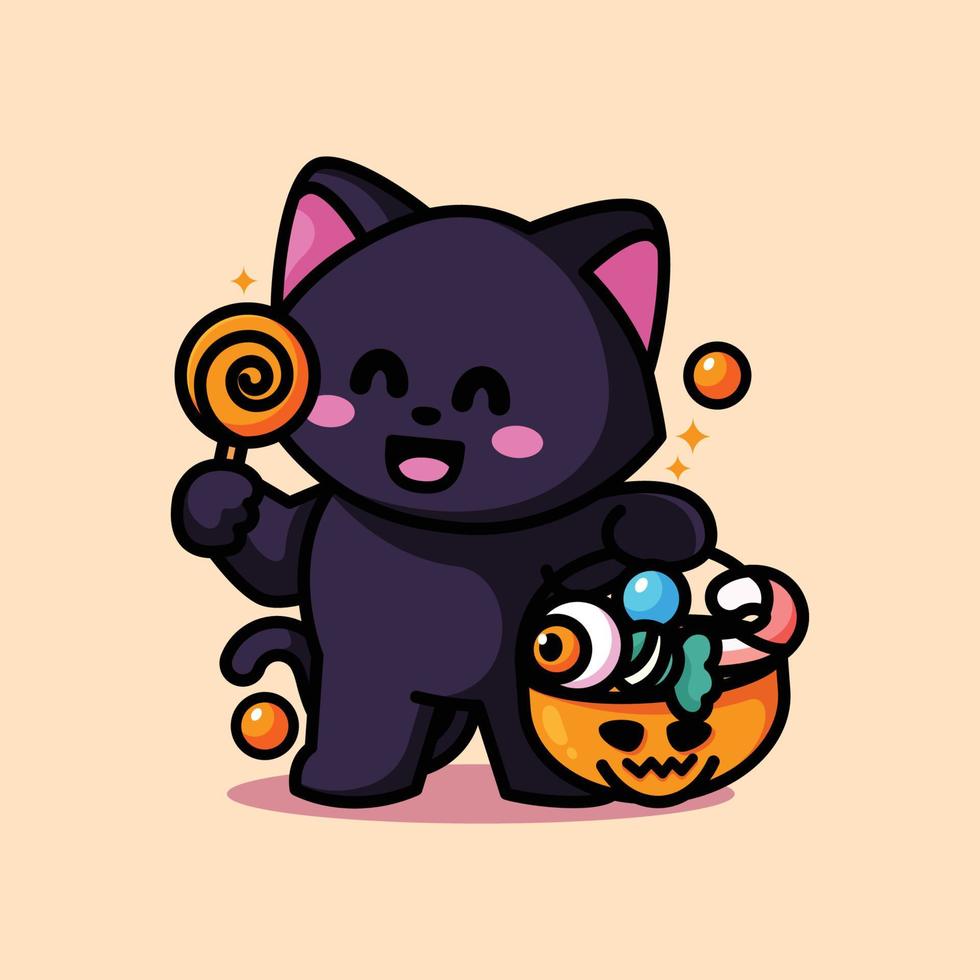 cute cat holding candy and celebrating halloween vector