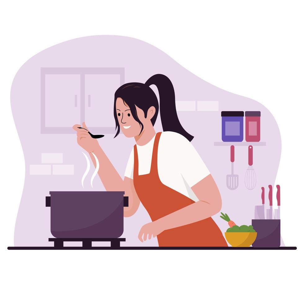Flat design of woman cooking in kitchen vector