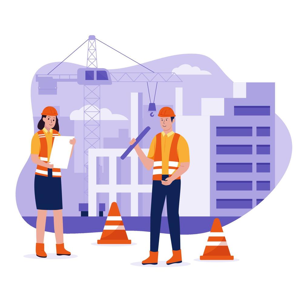 Flat design of civil engineer and architect engineer watching and checking details on a construction vector