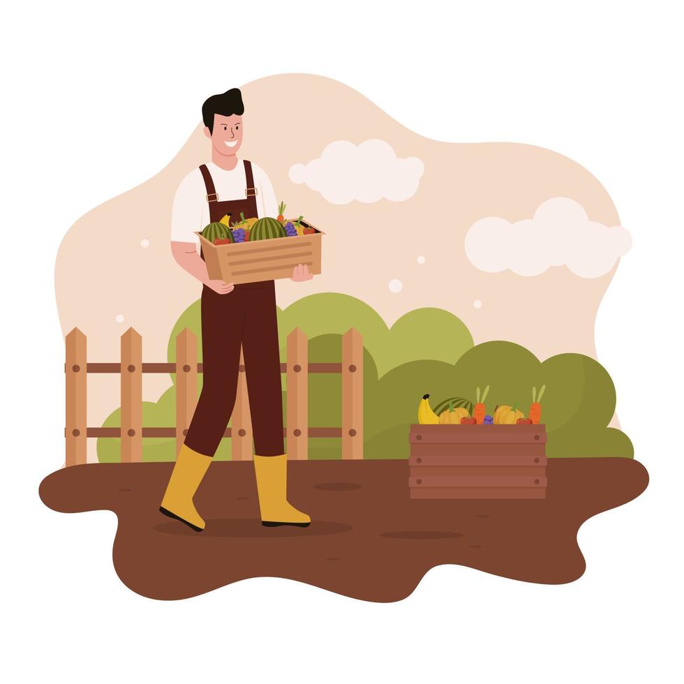 Flat design of farmer harvesting at farm vector