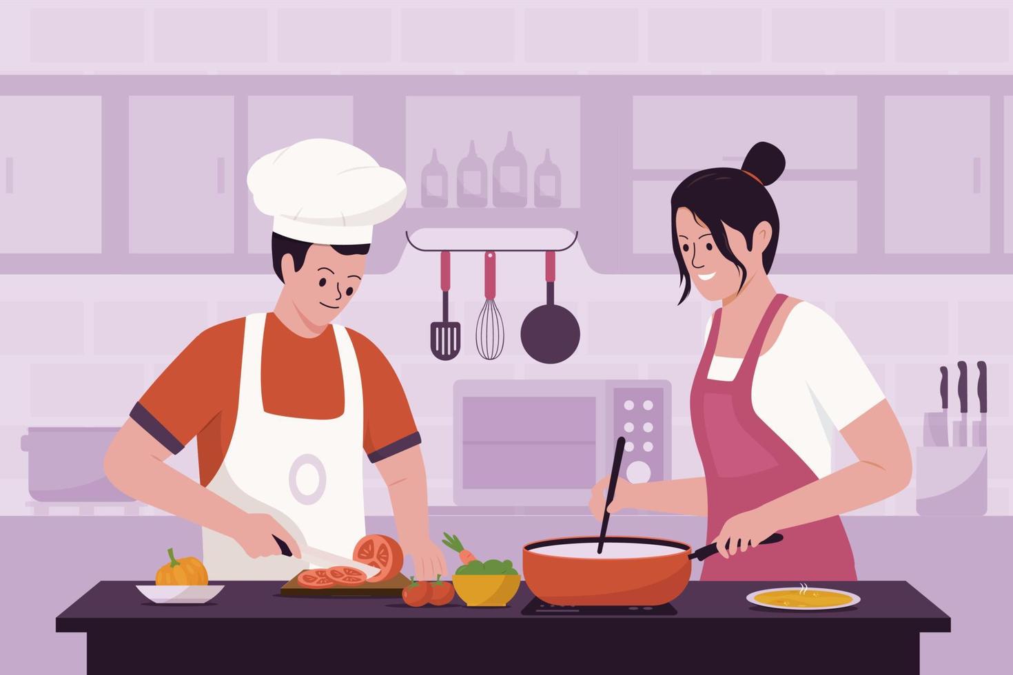 Flat design of woman cooking food in kitchen vector