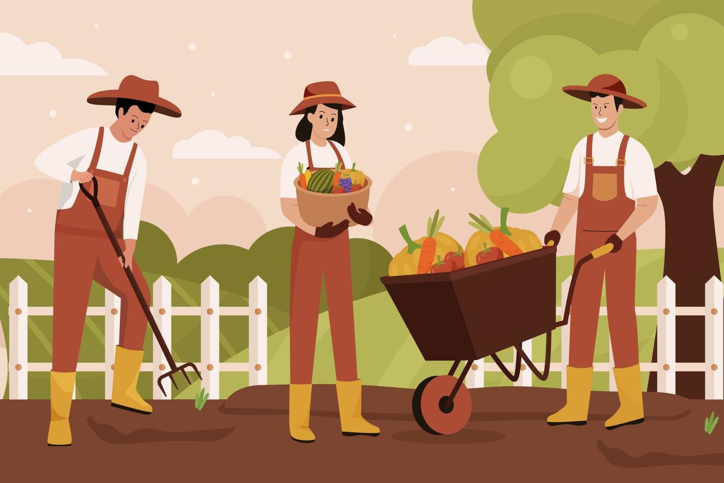 Flat design of farmer at farm vector