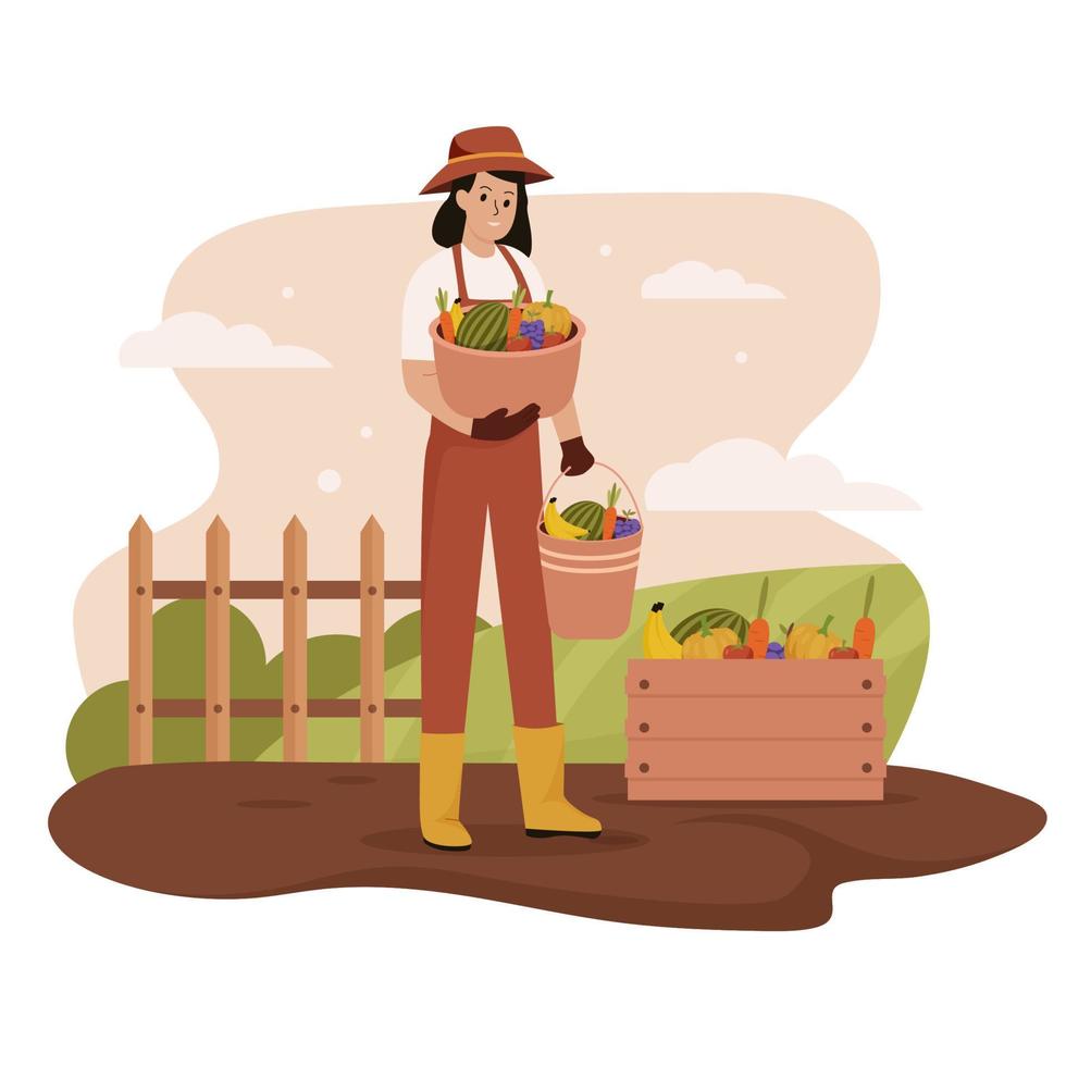 diseño plano de mujer regando plantas en la granja vector