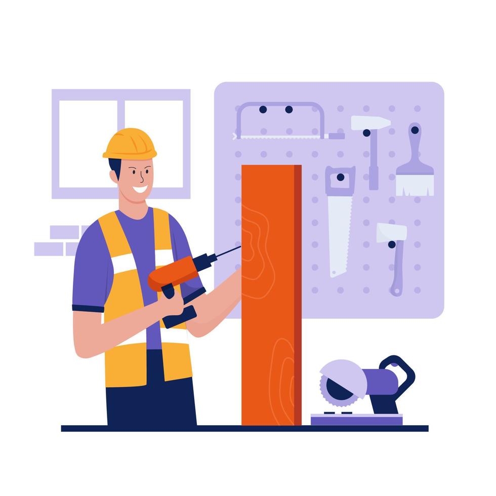Flat design of man work in carpentry shop vector