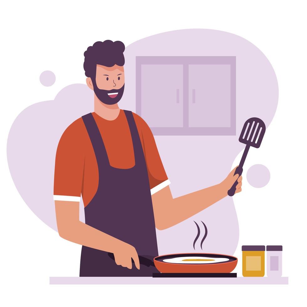 Flat design of people cooking food in kitchen vector