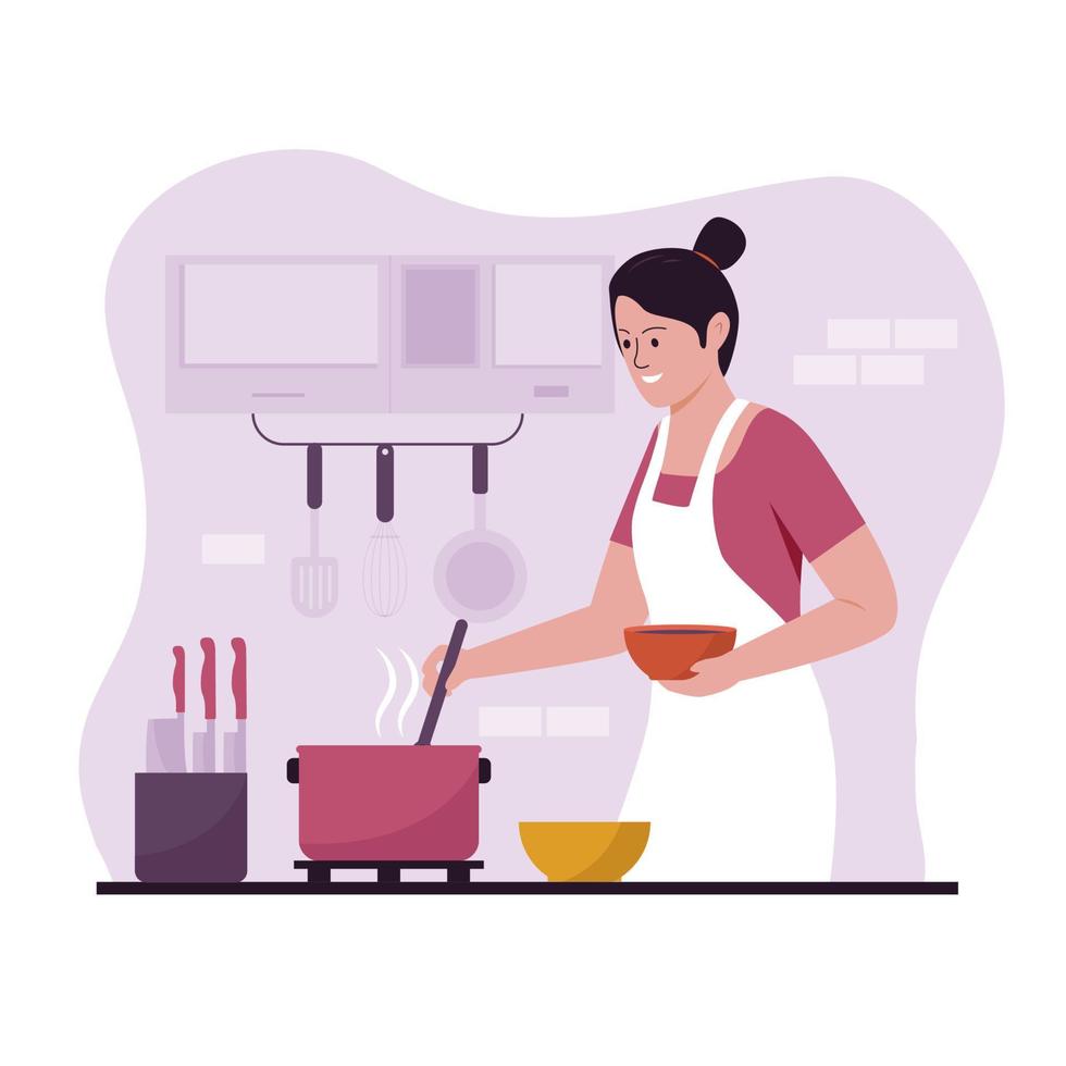 Flat design of mother cooking in kitchen vector