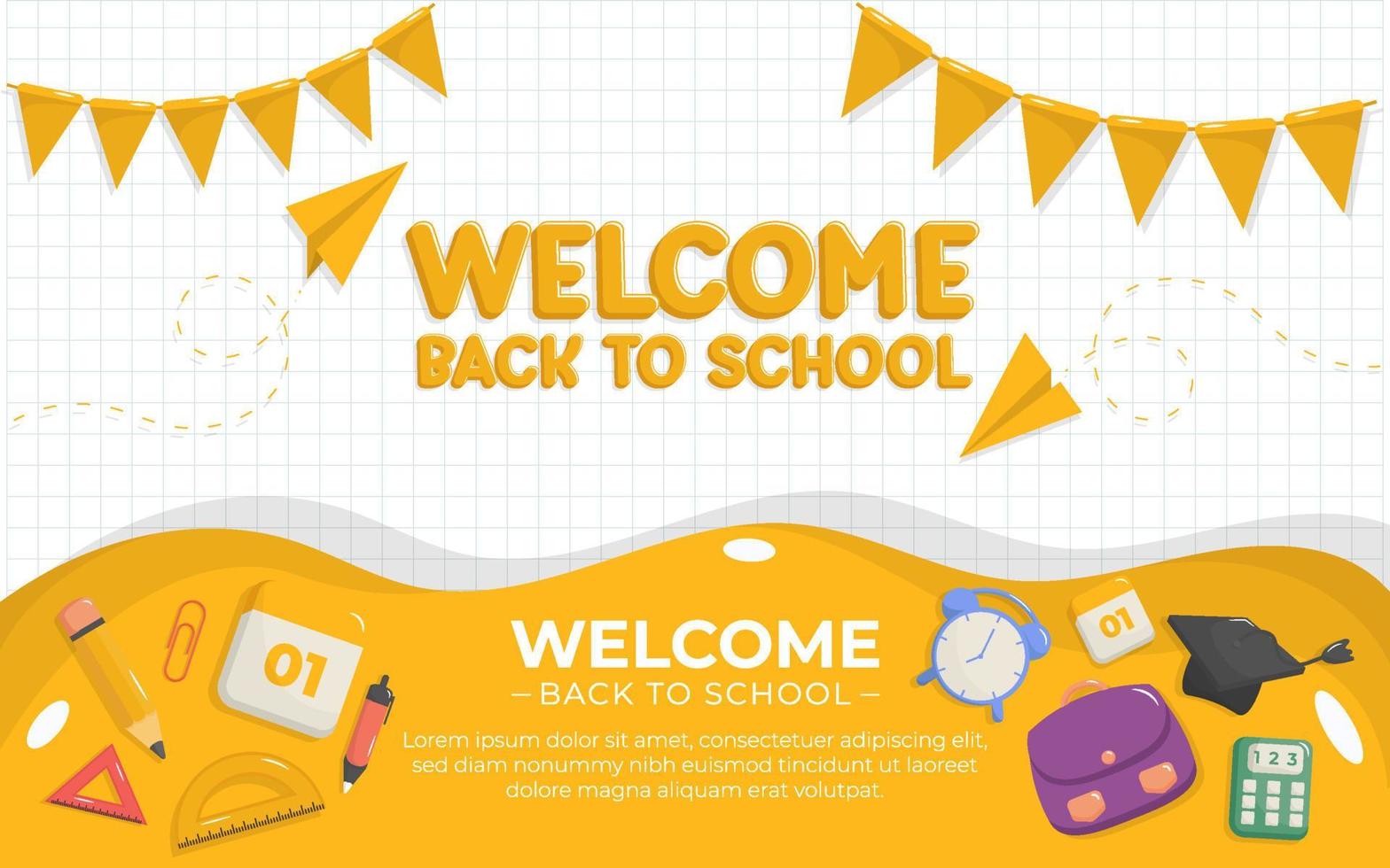 Bienvenido de nuevo al banner de paisaje escolar con elementos de útiles escolares. vector