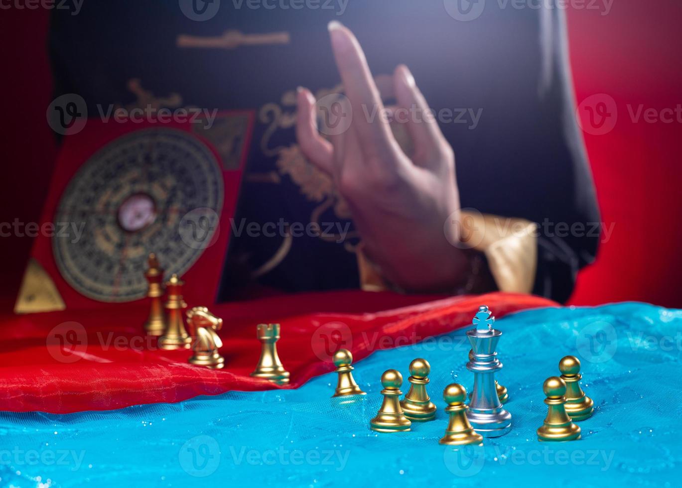 Chess on Red Blue Fabric as abstract of USA, China, Taiwan Crisis Map. Conflict Dispute military Strategy of China surrounding Taiwan border sea is to sanction trade chip technology. copy space photo