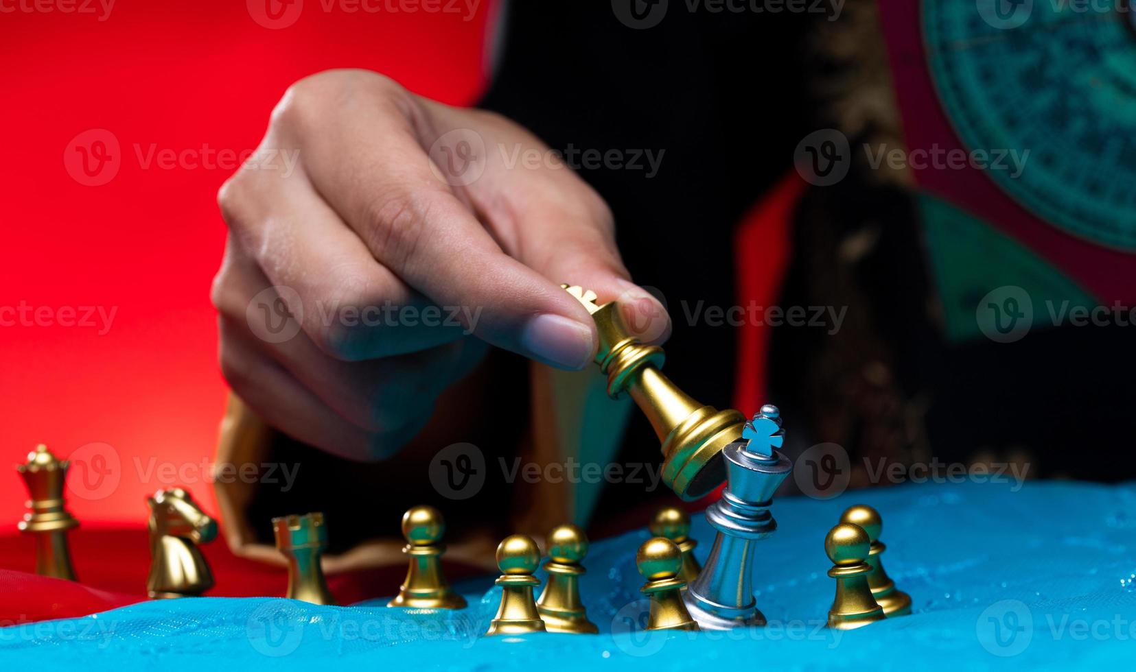 Chess on Red Blue Fabric as abstract of USA, China, Taiwan Crisis Map. Conflict Dispute military Strategy of China surrounding Taiwan border sea is to sanction trade chip technology. copy space photo