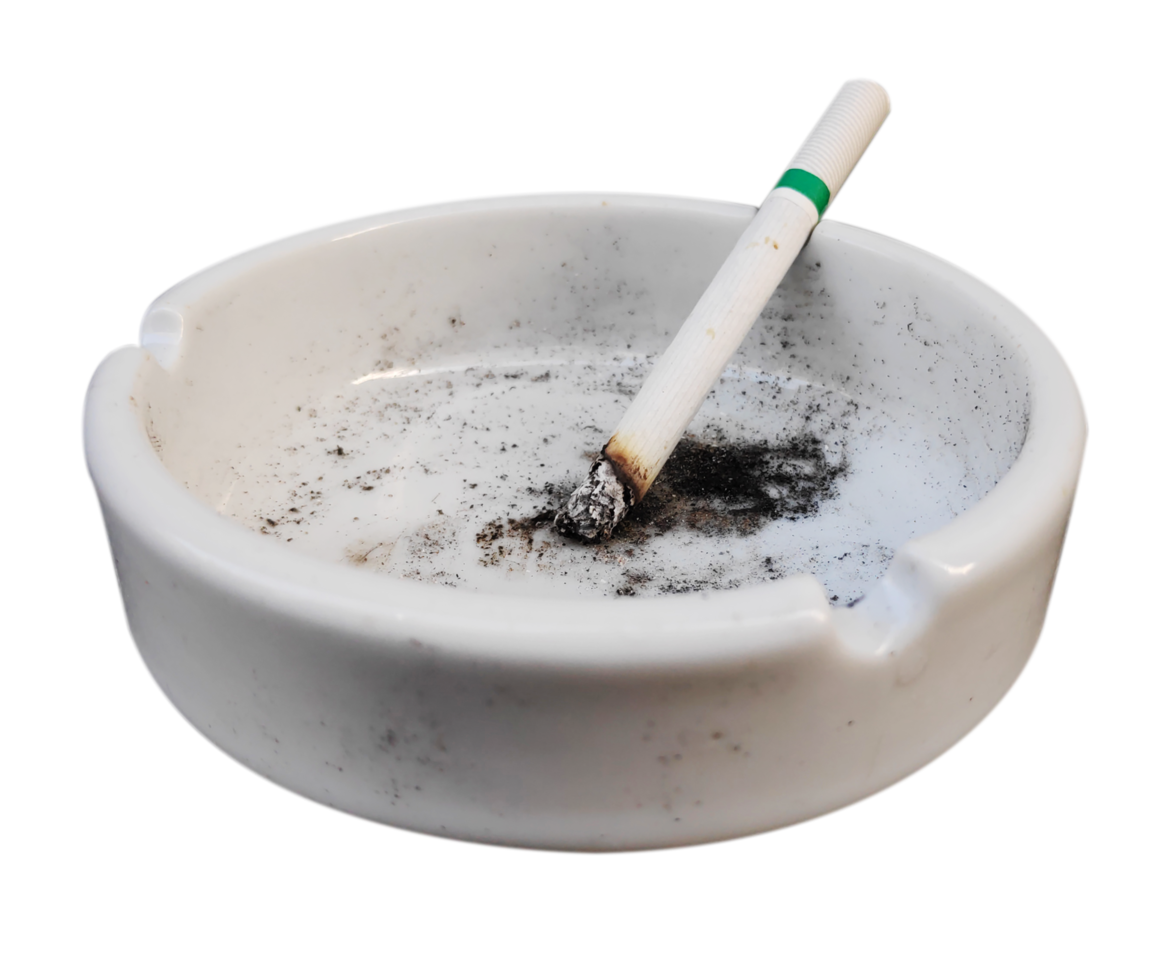 White ashtray with cigarette. Studio photography. Close-up. Isolated on transparent background. png