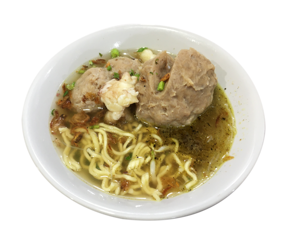 bakso è indonesiano cibo consistere di Polpette, tagliatelle, bok eh, e Manzo brodo. bakso nel un' bianca ciotola con beige sfondo. bakso influenzato di Cinese cucina png