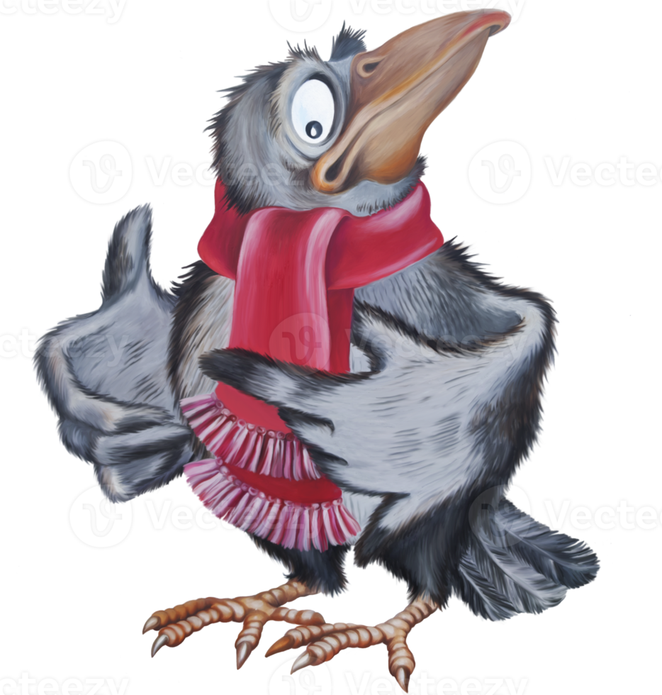 Cool cartoon crow in a scarf posing and reciting something. Illustration for a children's book, postcard, kindergarten and children's creativity. png