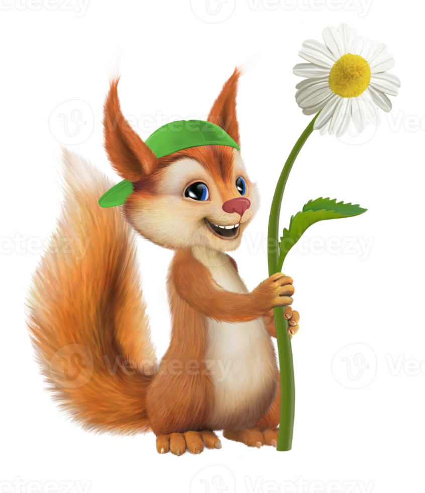 Charming squirrel with a flower. Sketch. Picture. Living character. png