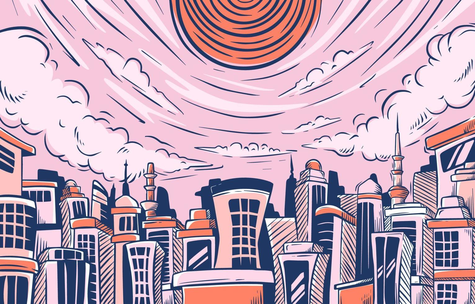 Pink Sketch Cityscape Cartoon Hand Drawn vector