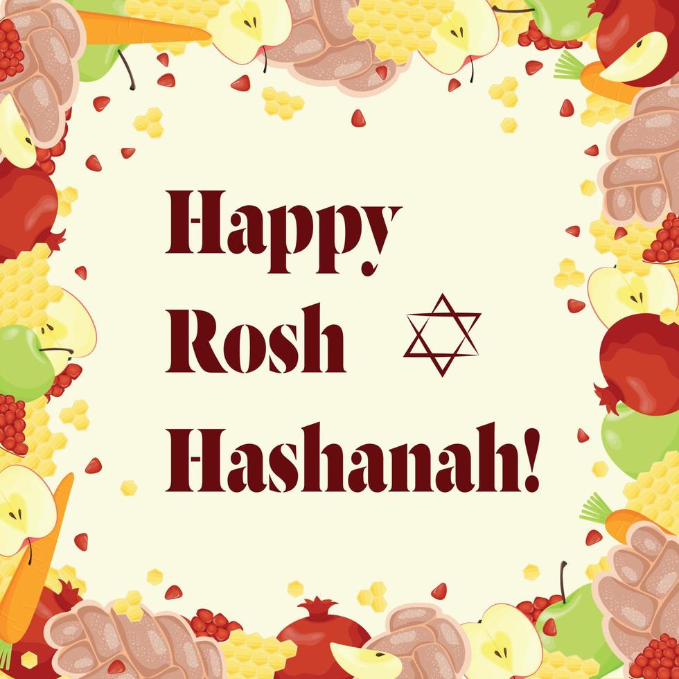 Happy Rosh Hashanah. A frame of apples, pomegranate and honeycomb with a text greeting. Vector illustration.