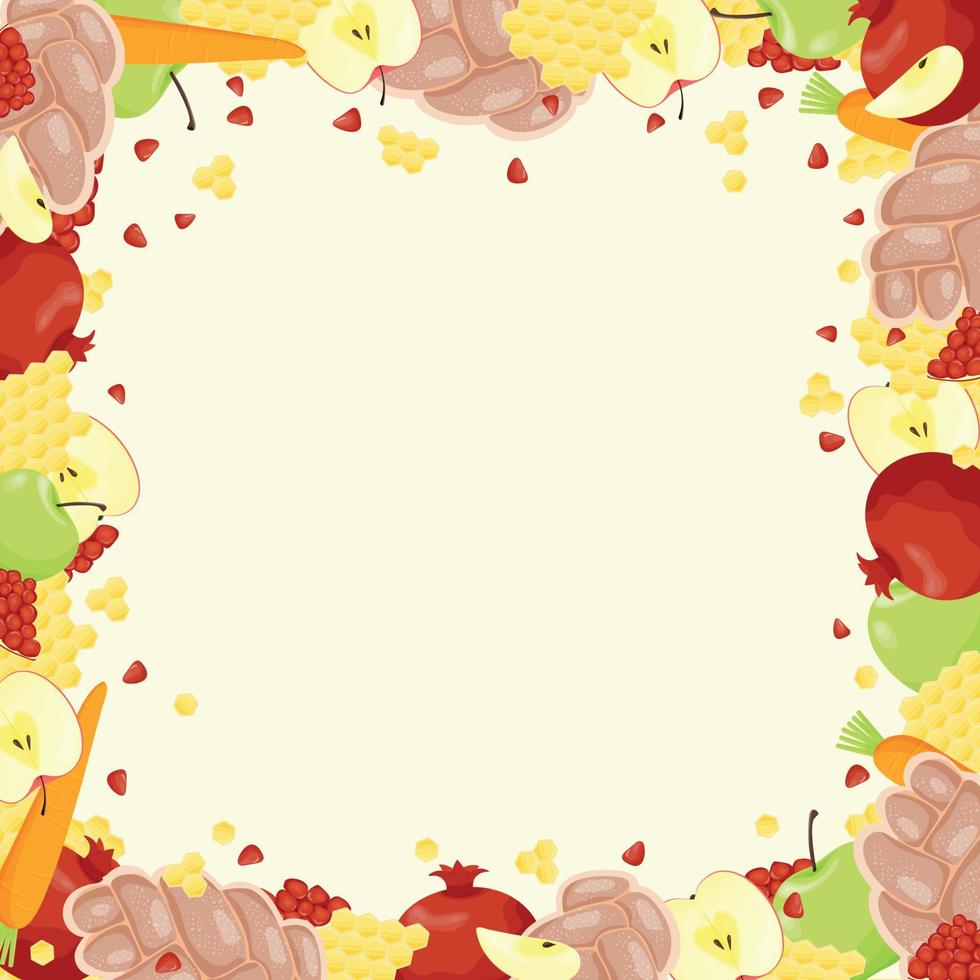 Happy Rosh Hashanah. Vector illustration. Colored frame of vegetables and fruits on a beige background.