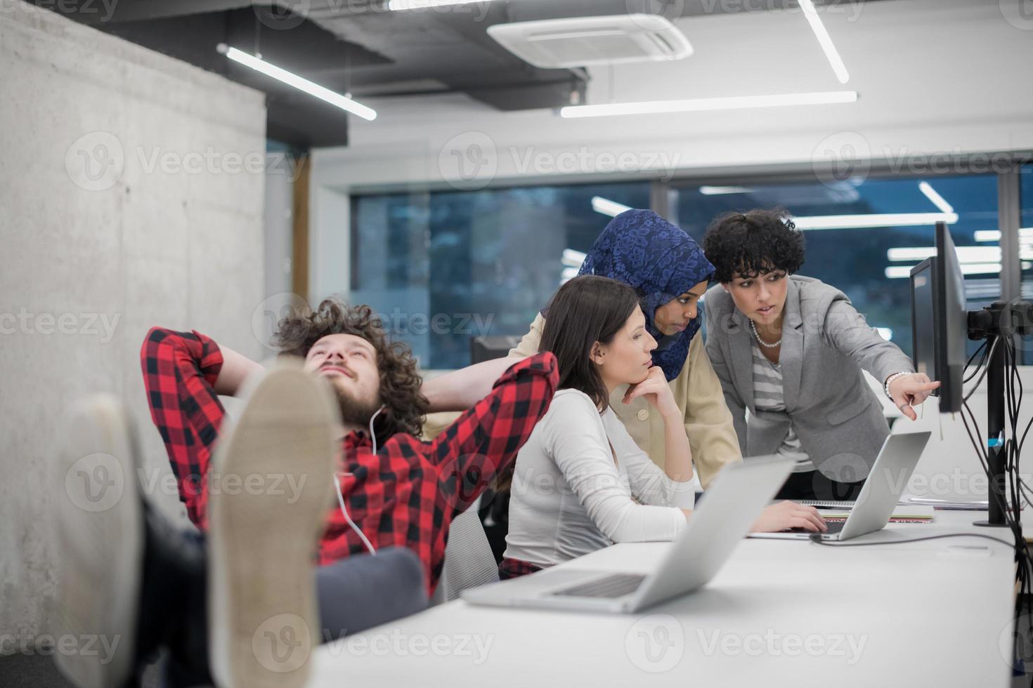 software developer resting with legs on desk photo