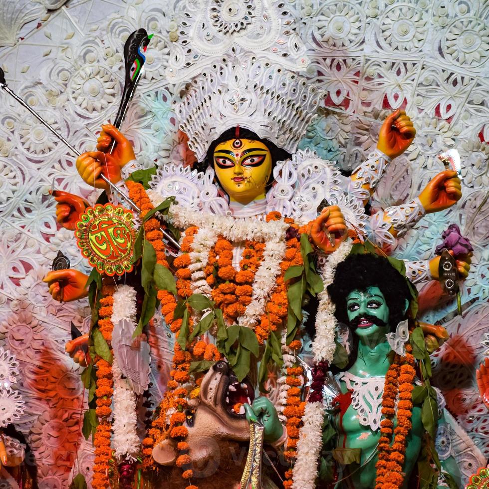 Goddess Durga with traditional look in close up view at a South Kolkata Durga Puja, Durga Puja Idol, A biggest Hindu Navratri festival in India photo